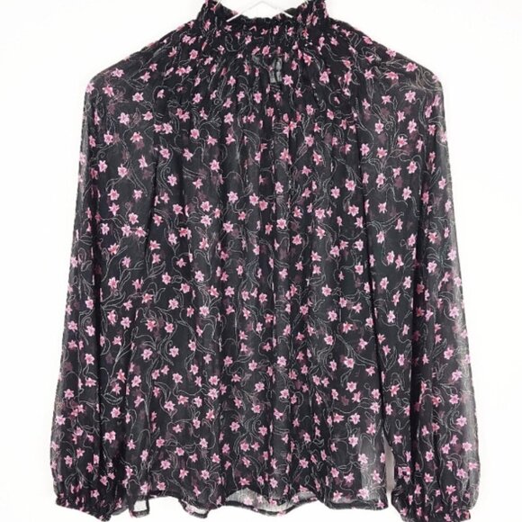 Elizabeth And James EUC Long Sleeve Black Pink Floral Sheer Smocked Neck Top Med - Picture 3 of 16